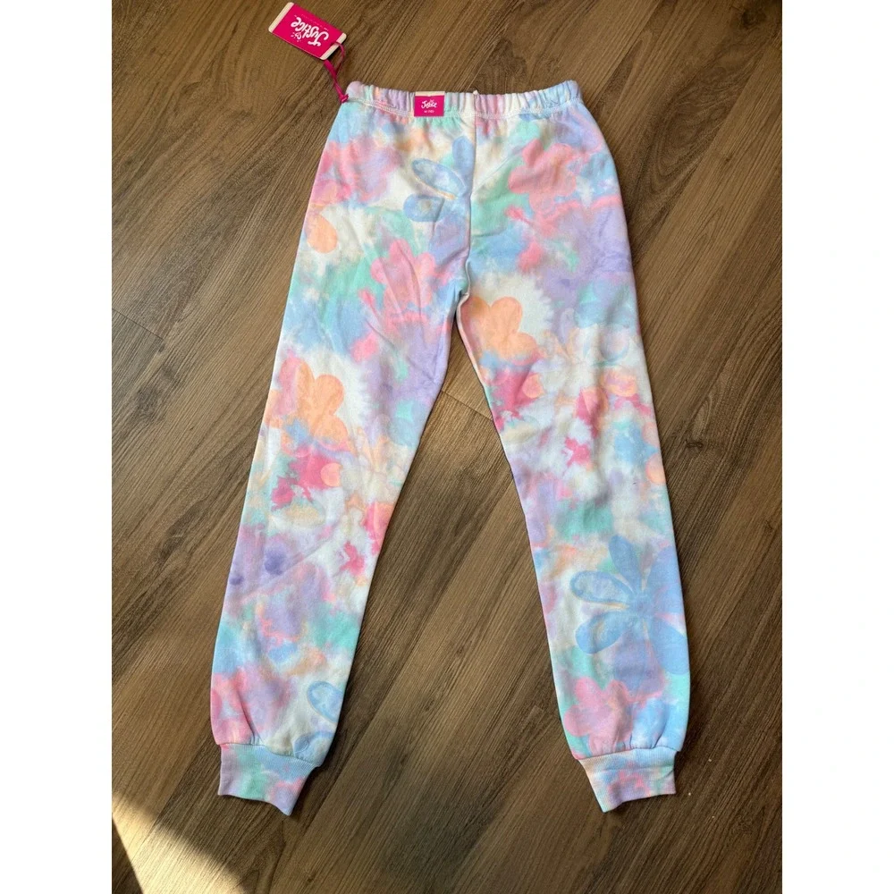 Justice Girls EDF Jogger Pants Size M 10 Pastel Floral Tie Dye Smiley Face NWT